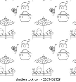 Vector seamless pattern with vacation subjects: bag, camera, cocktail, lounger, towel, beach umbrella. Nice illustration for wrapping paper, background, fabric.