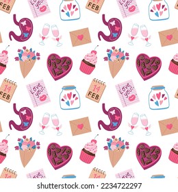 Vector seamless pattern for Valentine ’s Day with traditional holiday symbols on white background. Love letter, chocolate sweets, bouquet and others. Perfect for fabrics, wrapping paper and wallpapers