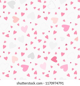 Vector seamless pattern. Valentine design. Pink hearts on white. Doodle handmade hearts. 
