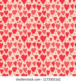 Vector seamless pattern. Valentine design. Red hearts on beige. Doodle handmade hearts.