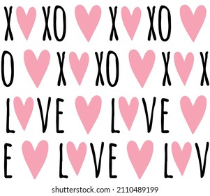 Vector seamless pattern of Valentine love and xoxo text and hearts isolated on white background