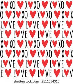 Patrón vectorial sin fisuras del amor de San Valentín y el texto xoxo y los corazones aislados en fondo blanco