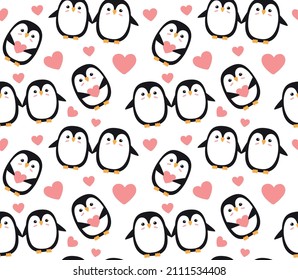 Vector seamless pattern of Valentine love penguin with hearts isolated on white background