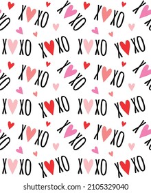 Vector Seamless Pattern Of Valentine Xoxo Text And Hearts Isolated On White Background