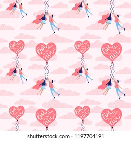 Vector seamless pattern for Valentine's Day with flat characters and lettering.