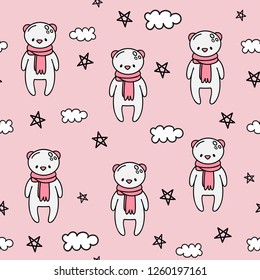 Vector seamless pattern for Valentine's day. Cute white bear in a scarf. Doodle style.