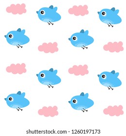 Vector seamless pattern for Valentine's day. Cute bird in the clouds. Doodle style.