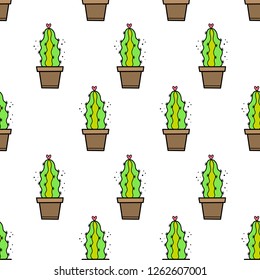 Vector seamless pattern for Valentine's day. Loving cactus. Hand-drawn style. Cartoon style.
