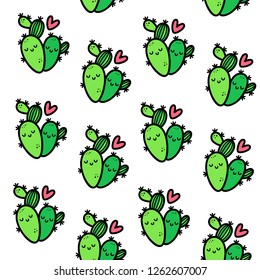 Vector seamless pattern for Valentine's day. Loving cactus. Hand-drawn style. Cartoon style.
