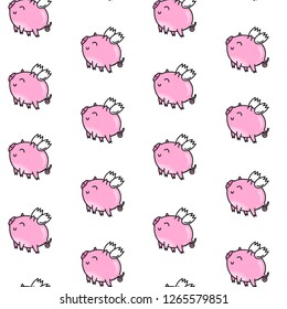 Vector seamless pattern for Valentine's day. Cute pink pig. Doodle style, cartoon background.