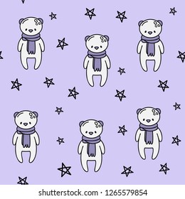 Vector seamless pattern for Valentine's day. Cute white bear in a scarf. Doodle style.