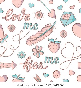 Vector seamless pattern for Valentine's Day in pink and turquoise colors with envelopes, feathers, arrows, strawberry, balloons, flowers and lettering Kiss me and Love me. Beautiful seamless backgroun