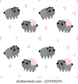 Vector seamless pattern for Valentine's day. Cute panda. Hand drawn style. Cartoon style.