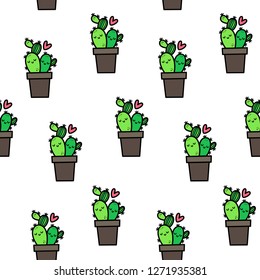 Vector seamless pattern for Valentine's day. Loving cactus. Hand-drawn style. Cartoon style.