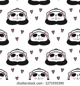 Vector seamless pattern for Valentine's day. Cute panda. Hand drawn style. Cartoon style.