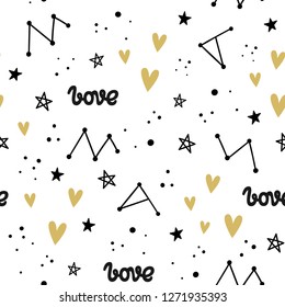 Vector seamless pattern for Valentine's day. Cosmos and constellations, lettering. Doodle style.