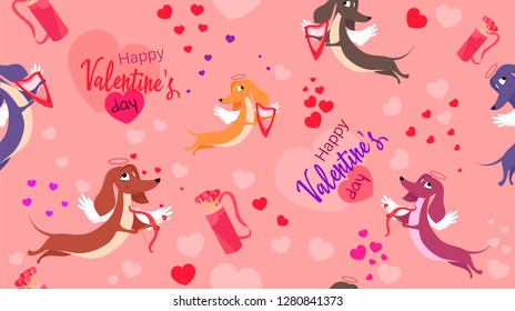Vector seamless pattern with Valentine's Day with dogs in Cupid costumes with arrows. Illustration on pink background with hearts for wrapping paper or greeting cards.