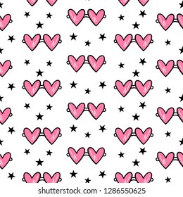 Vector seamless pattern for Valentine's day. Heart glasses, pink.