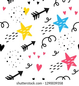 Vector seamless pattern for Valentine's day. Arrows. stars and hearts. Doodle style.