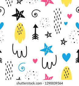 Vector seamless pattern for Valentine's day. Arrows. stars and hearts. Doodle style.