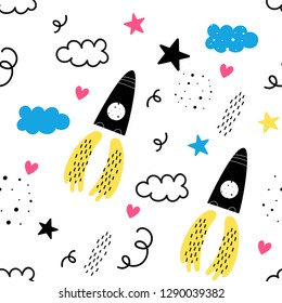 Vector seamless pattern for Valentine's day. Space. Doodle style.