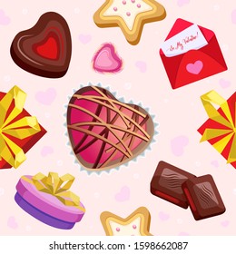 Vector seamless pattern. For Valentine's Day from gift, cake, heart and envelope on a light pink background and light hearts.