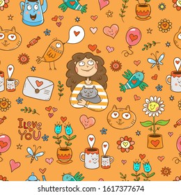 Vector seamless pattern for Valentine's Day on orange background. Cute cartoon characters and items. Theme of love and friendship.