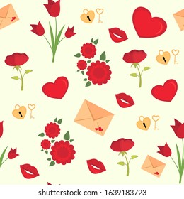 vector seamless pattern for valentine's Day. cute flowers, tulip and rose, hearts and lips, love letters, heart shaped key and lock