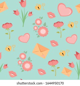 vector seamless pattern for valentine's Day with roses, tulips, love letters, key and lock and kisses with hearts, romance and love.vintage illustration