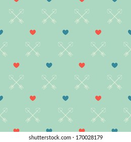 Vector seamless pattern of Valentine's Day in retro style with heart and arrows
