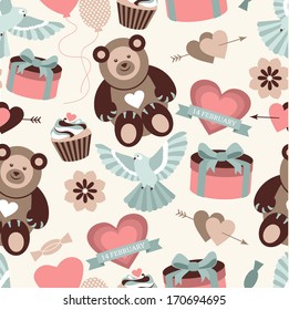 Vector seamless pattern with  valentines day elements in retro colors. Decorative background for your design.