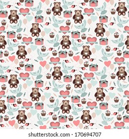 Vector seamless pattern with  valentines day elements in retro colors. Decorative background for your design.