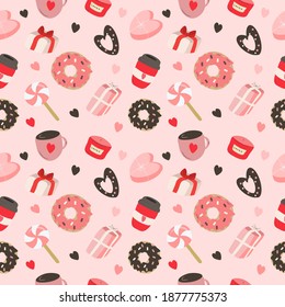 vector seamless pattern for valentine's day with hand drawn hearts, coffee, donuts, gift boxes, lolipops and candles on a pink background. pattern for printing on wrapping paper, fabric