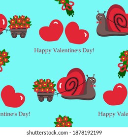 
Vector seamless pattern for Valentine's Day Snail carries a cart with flowers, a bouquet of flowers, a heart, a greeting inscription Light turquoise background.