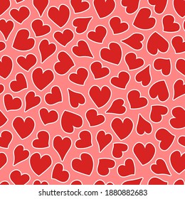 
Vector seamless pattern for Valentine's Day. Red hearts with thick white outlines on a pink background.