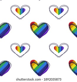 Vector seamless pattern of Valentine's Day hearts in LGBT style on a white background.