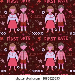 Vector seamless pattern for Valentine's Day. Pattern for wrapping paper with lovely boy and girl design