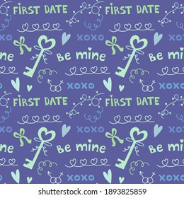 Patrón de vectores sin fisuras para el Día de San Valentín. Patrón para envolver papel con corazones, flores, llave y cerradura.