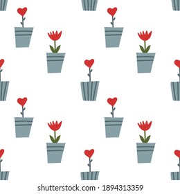 Vector seamless pattern for Valentine's Day. A simple pattern on a white background, the heart in the pot, the flower pot.