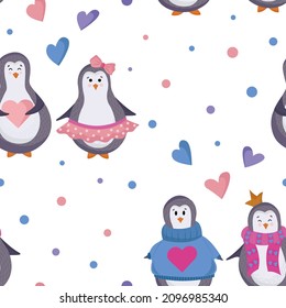 Vector seamless pattern for Valentine's Day on a white background. Penguins in love in a flat style with hearts, polka dots in pastel pink, lilac and blue colors. For fabric, wrapping paper, wallpaper