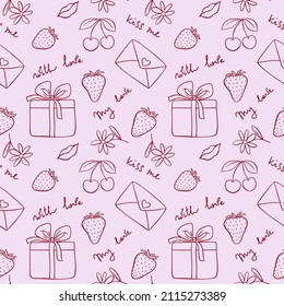 Vector seamless pattern for Valentine's Day in the style of doodles. Love inscriptions, strawberries, letter, gift in a box, flowers. Pink background for holiday cards, wrapping paper, wallpaper, etc