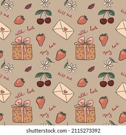 Vector seamless pattern for Valentine's Day in the style of doodles. Love inscriptions, strawberries, letter, gift in box, flowers. Beige background for a holiday card, wrapping paper, wallpaper, etc