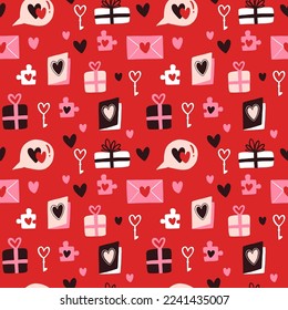 Vector seamless pattern for Valentines Day. Heart, key, envelope, presents and puzzle piece. Doodle illustration for wallpaper, fill web page background, surface textures