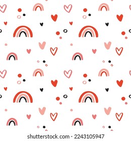 Vector seamless pattern Valentine's day in boho style. Bohemian romantic pattern happy Valentine day. Boho rainbow, heart for packaging paper, fabric, background for different images