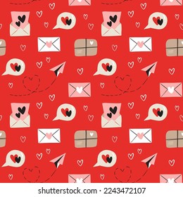 Vector seamless pattern for Valentines Day. Heart, envelope, parcel, paper plane. Doodle illustration for wallpaper, fill web page background, surface textures