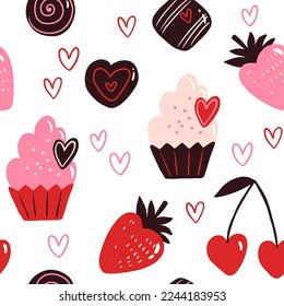 Vector seamless pattern for Valentines Day. Cupcake, cherry, strawberry and chocolate candies. Doodle illustration for wallpaper, fill web page background, surface textures