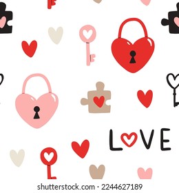 Patrón de vectores sin fisuras para el Día de San Valentín. Corazón, llave, cerradura con forma de corazón y pieza de rompecabezas. Ilustración de doodle para fondo de pared, fondo de página web de relleno, texturas superficiales