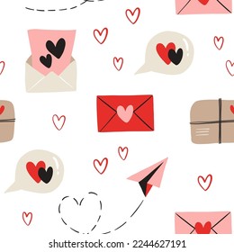 Vector seamless pattern for Valentines Day. Heart, envelope, parcel, paper plane. Doodle illustration for wallpaper, fill web page background, surface textures
