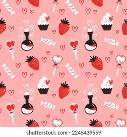 Vector seamless pattern for Valentines Day. Cupcake, lollipop candy, strawberry and love potion. Doodle illustration for wallpaper, fill web page background, surface textures