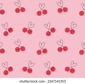 Vector seamless pattern for valentine's day  Red cherries pink background  Lovely characters in love 